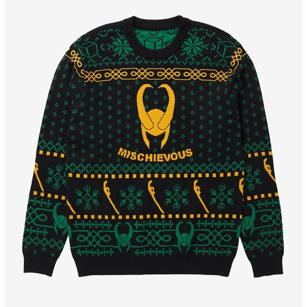 MARVEL LOKI HELMET HOLIDAY SWEATER UGLY CHRISTMAS GREEN UNISEX MISCHIEVOUS THOR
